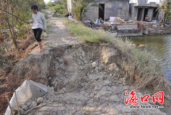 防潮堤遭損毀的四、五米長的豁口還有許多