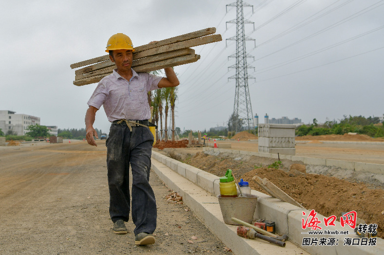 5月3日,在椰海大道延长线建设工地,工人加紧搬运木头.