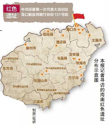 海南日报记者寻访的海南红色遗址分布示意图