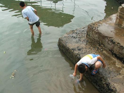 危险小学生溪边玩水图