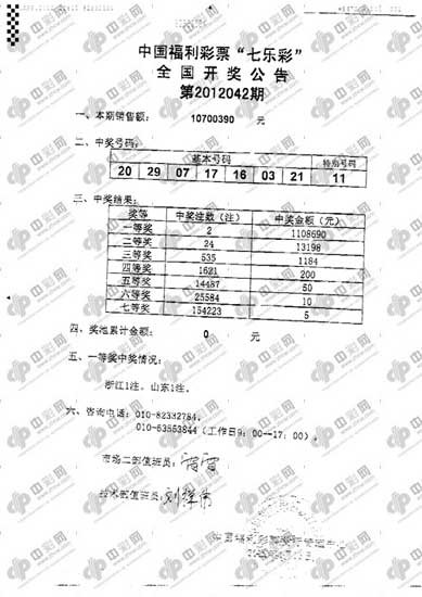 七乐彩042期开奖：2注110万头奖 2等24注1万3