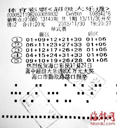 超級(jí)大樂(lè)透第13140期海南獨(dú)中2注500萬(wàn)元一等獎(jiǎng)，總計(jì)獎(jiǎng)金1000萬(wàn)元，出自一張2倍投單式票，而這張千萬(wàn)大獎(jiǎng)彩票竟因?yàn)樽约旱目谡`，錯(cuò)打錯(cuò)買(mǎi)換來(lái)的。